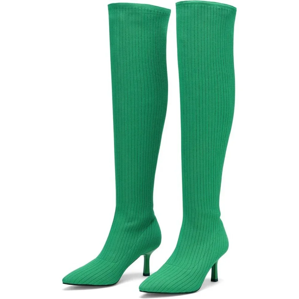 Women's Green Thigh High Socks Pointed Toe Over-the- Knee High Heel Boots